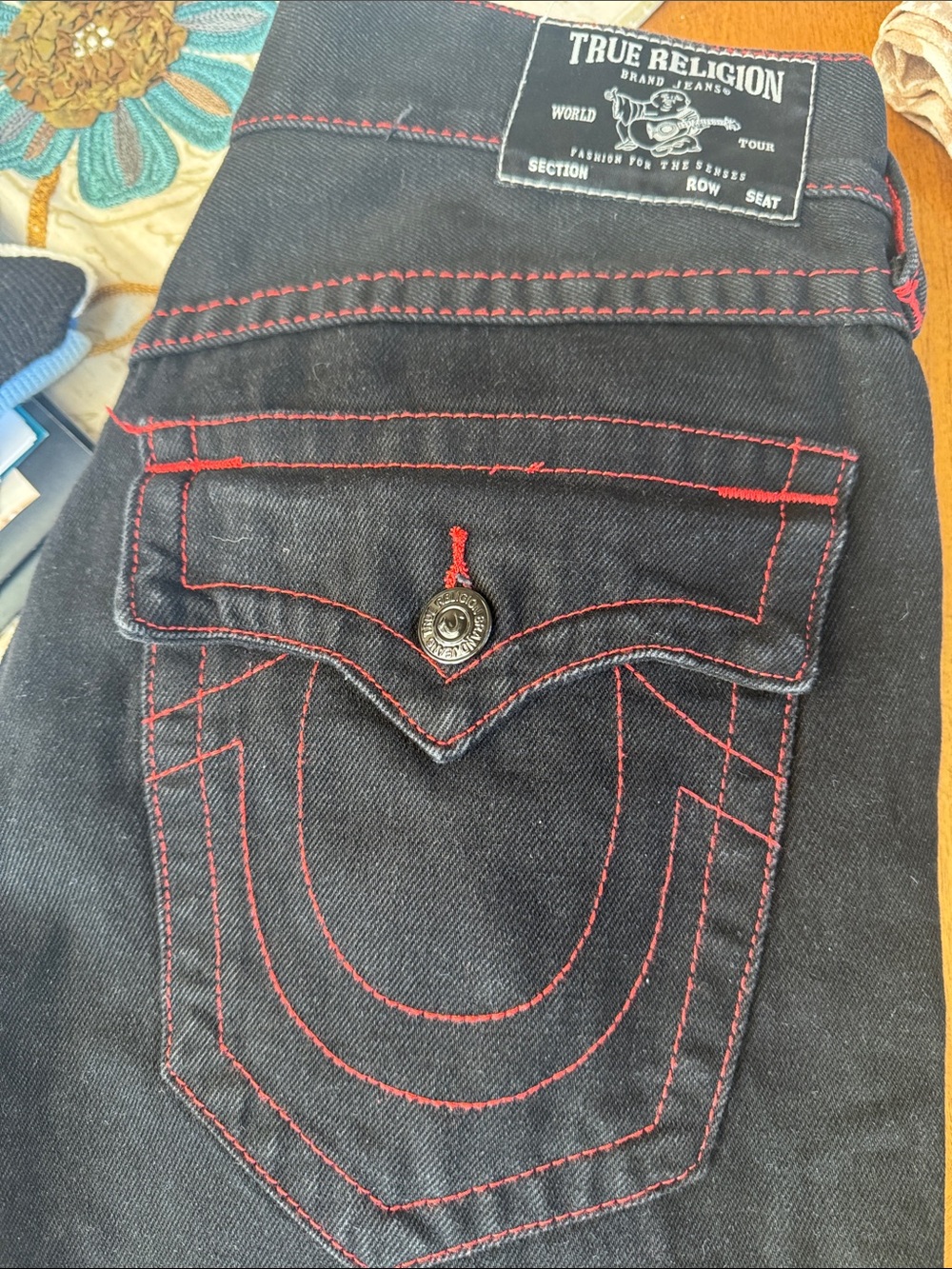 True Religion Black shorts with Red Stitching Pocket Detail